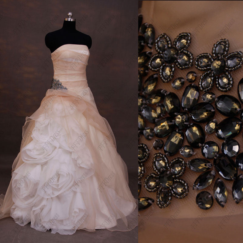 Champagne flowers ball gown wedding dress with charcoal crystal