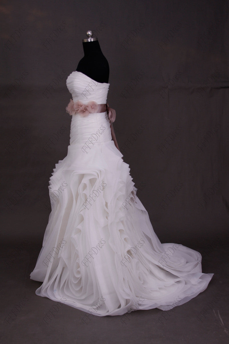 Strapless ball gown swirls wedding dress with dusty pink sash