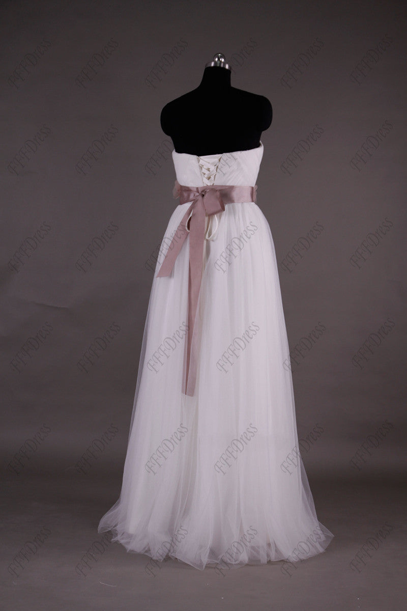 Strapless beach wedding dress with blush color sash