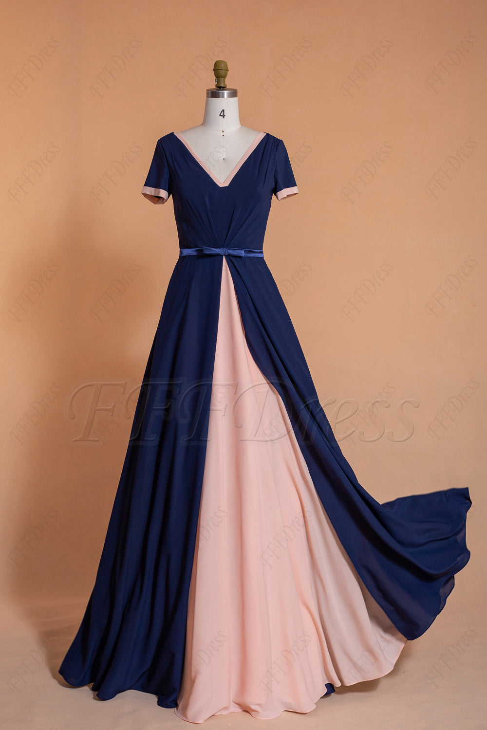 Navy & Blush Modest Bridesmaid Dresses with Short Sleeves