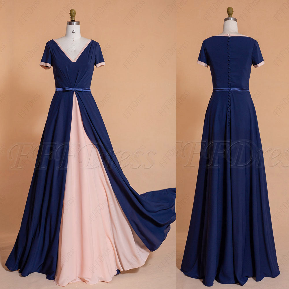 Navy & Blush Modest Bridesmaid Dresses with Short Sleeves