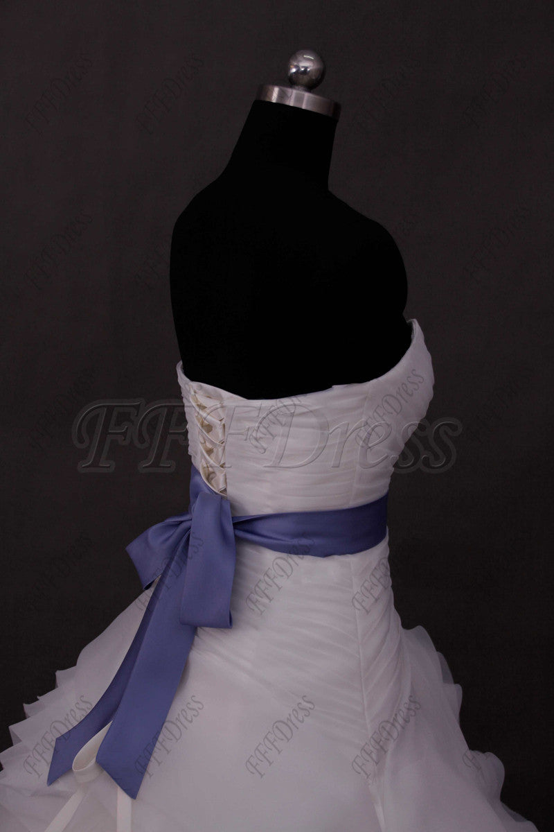 Ball gown swirls wedding dress with blue sash