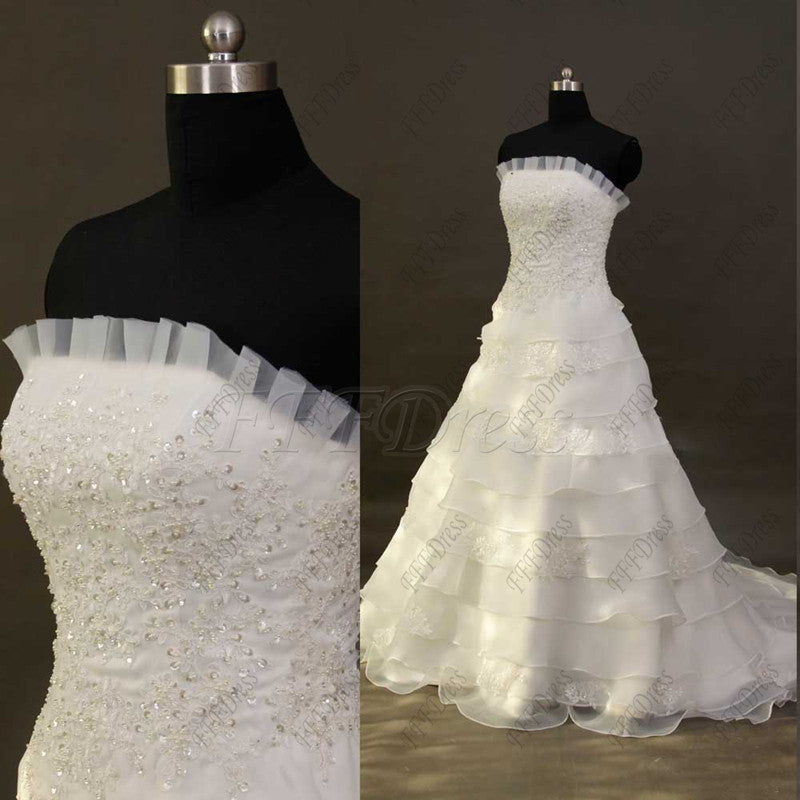 Strapless beaded lace tiered wedding dresses