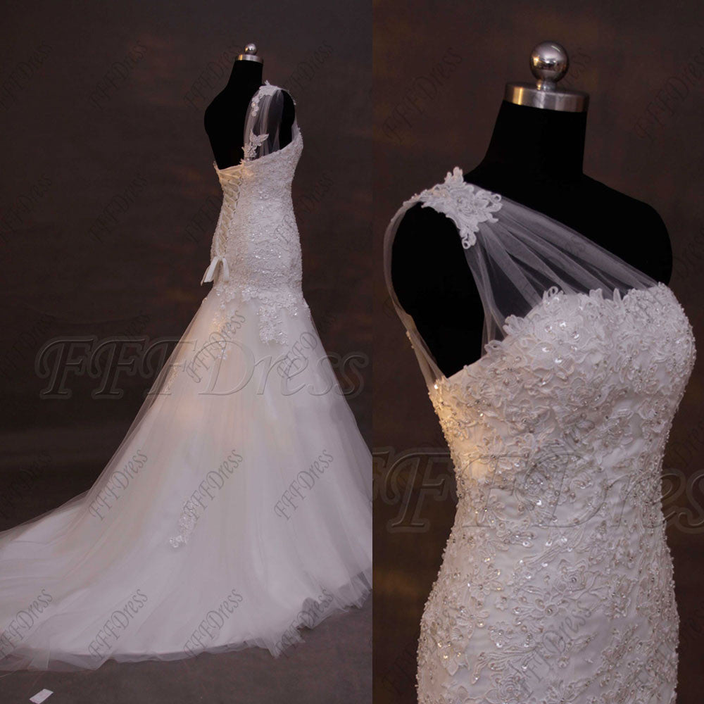 One shoulder beaded lace trumpet wedding dress plus size