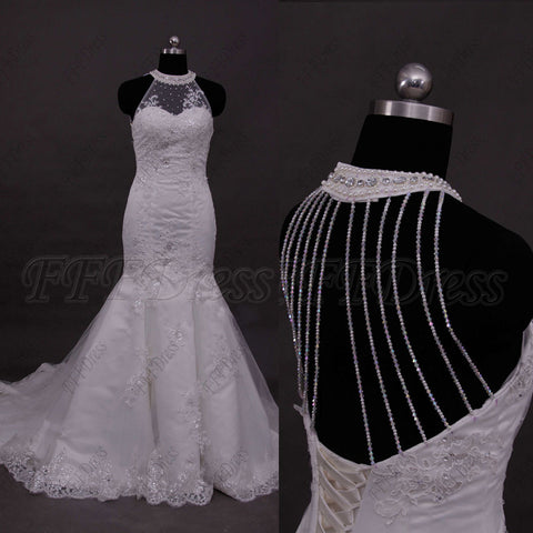 Halter crystals mermaid lace wedding dresses