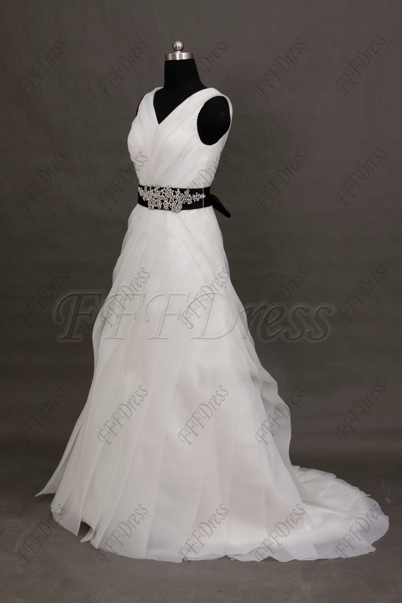 V Neck Plus SIze wedding dresses with beaded black sash