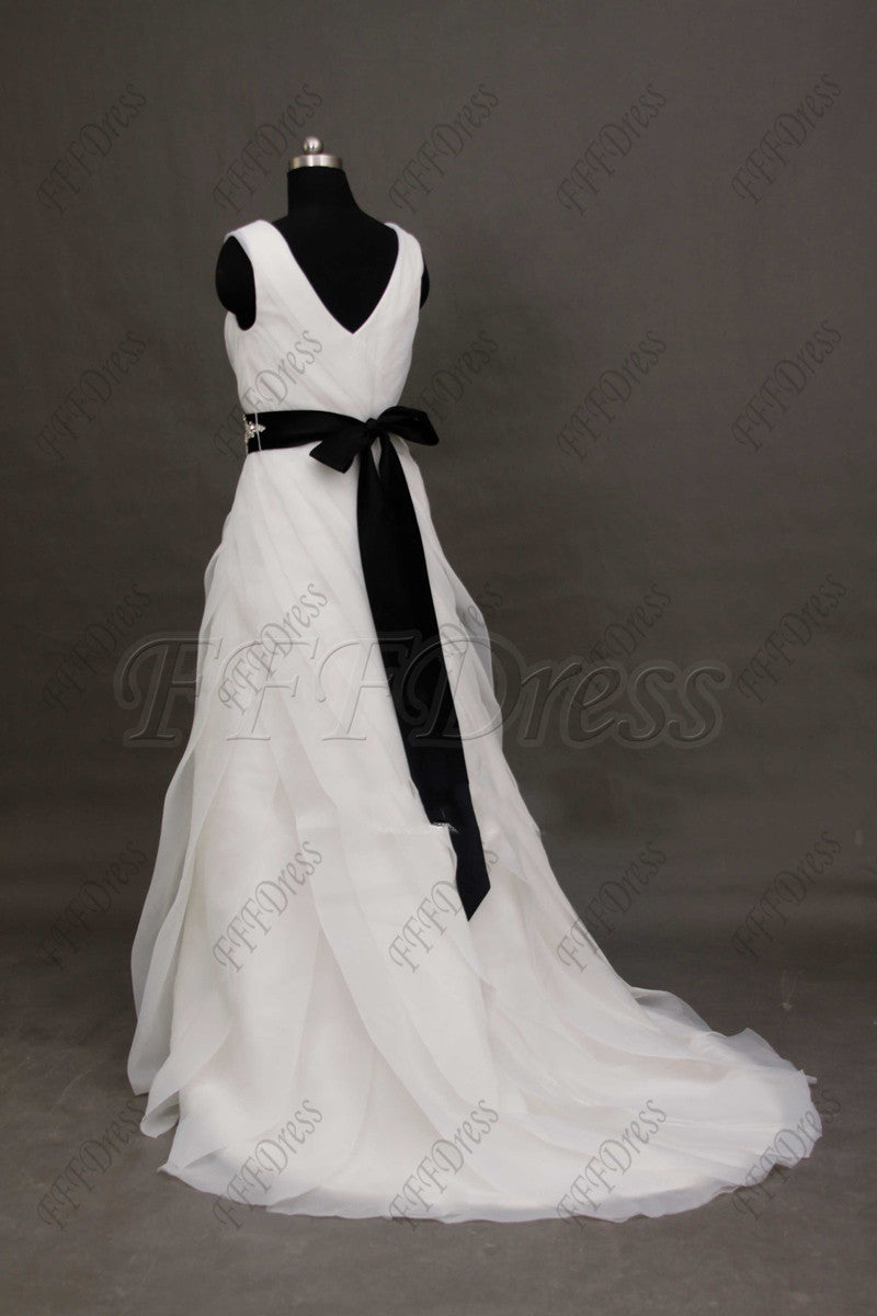 V Neck Plus SIze wedding dresses with beaded black sash