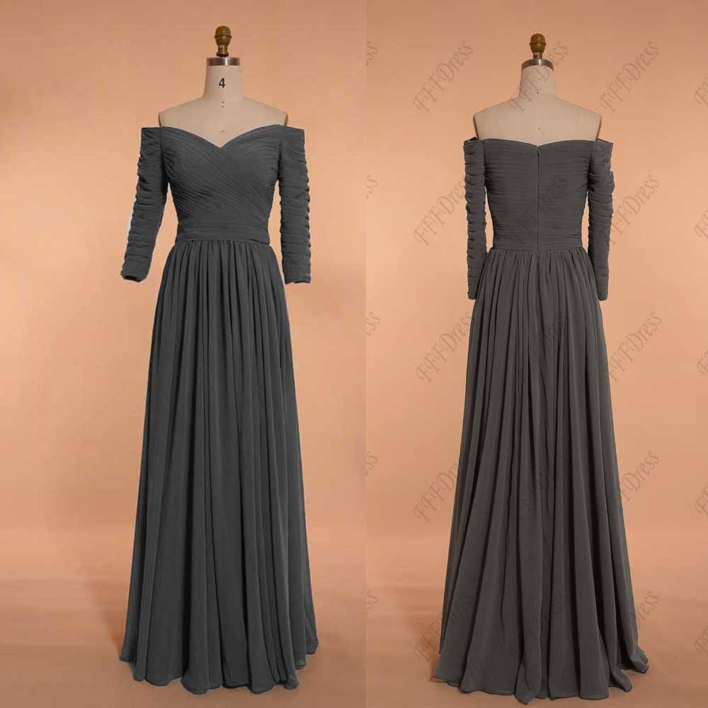 Charcoal grey mother of the bride dress with sleeves plus size evening dresses