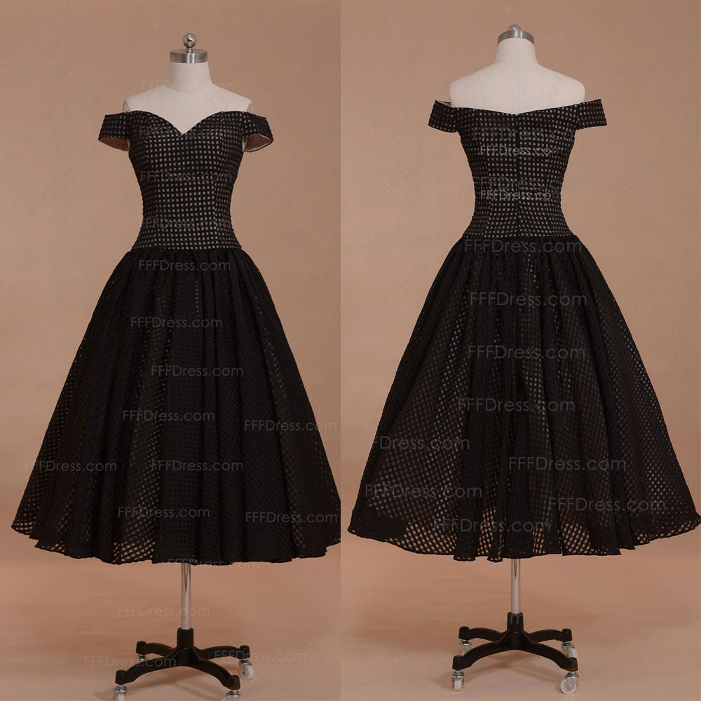Off the Shoulder black princess Vintage prom dresses tea length homecoming dresses
