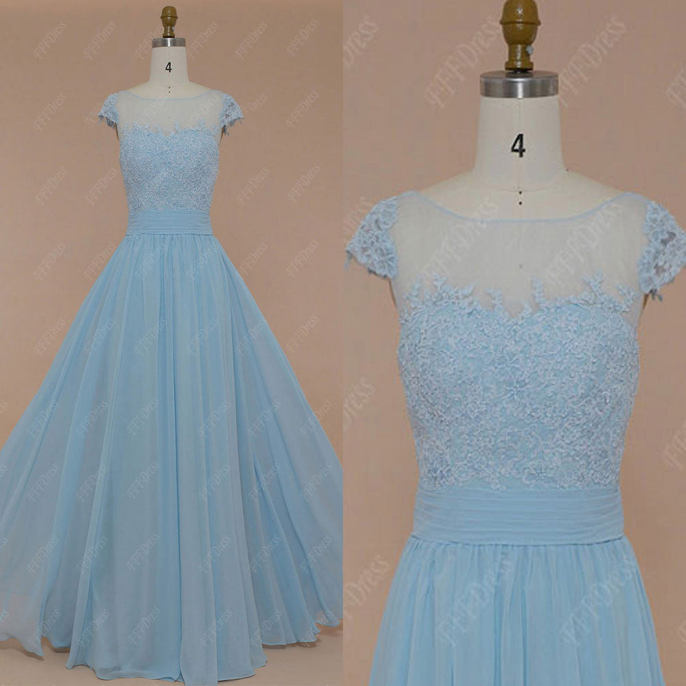 Ice blue lace modest prom dresses long with cap sleeves